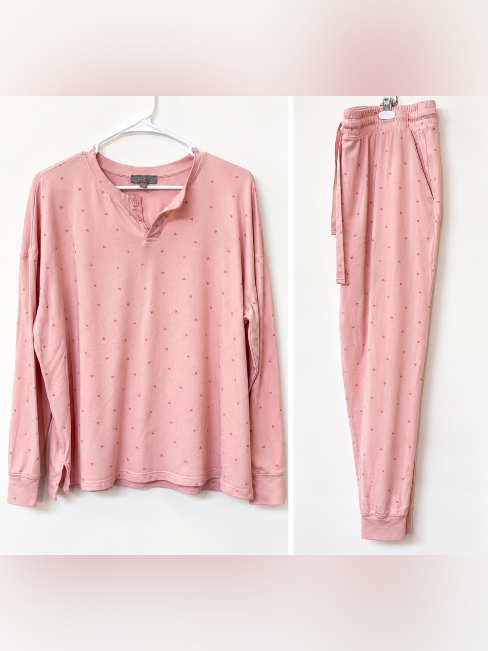 LOFT Pink Heart-Print Pajama Set - Light Pink with Tiny Red Hearts